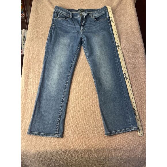 LRL Ralph Lauren Jeans Womens 12 Petite Blue Classic Straight Stretch Distressed - Picture 1 of 6